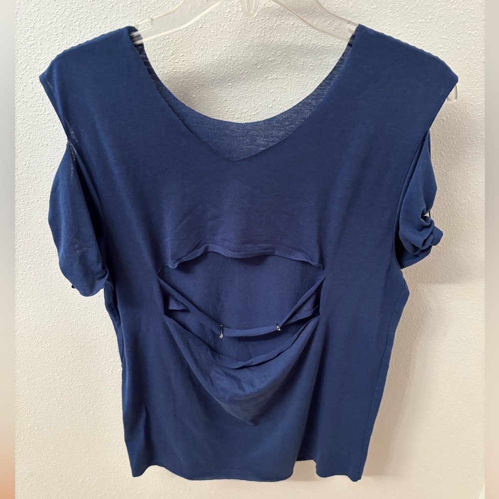 Blue Tee with back cut out and metal embellishments